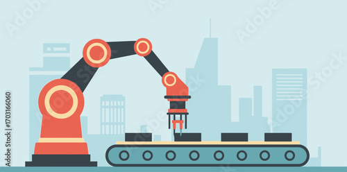 Automated robotic arm placing items on a factory conveyor belt with city background.