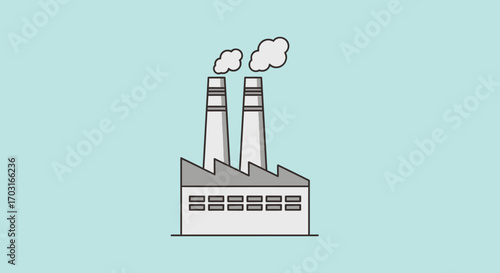 A minimalist illustration of a factory with two smokestacks emitting white smoke against a light blue background.