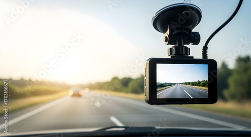 Dashcam Recording Highway with Vehicle View through Windshield During Golden Hour for Safety and Security