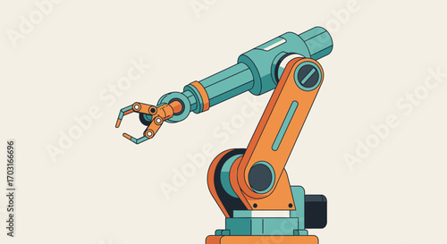 Illustration of a teal and orange robotic arm with a claw, demonstrating automation and industrial technology.