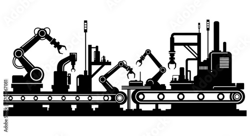 Automated robotic assembly line manufacturing process, showcasing industrial robots and conveyor belt.