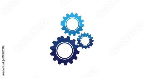 Three interlocking gears in shades of blue, suggesting a mechanism, teamwork, or industrial process on a white background.