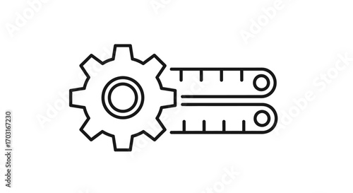 Simple line drawing of a gear and two rulers, suggesting precision and mechanical processes.