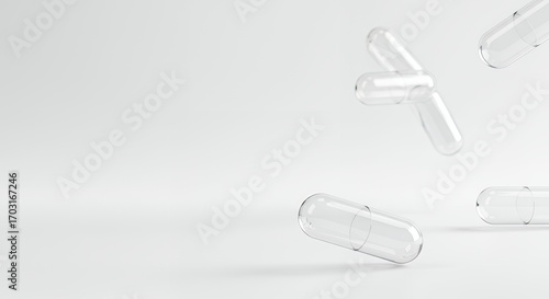 Minimalist 3D render of transparent white vitamin capsules floating on clean white background, modern pharmaceutical concept with copy space, perfect for medical design, presentation, or wallpaper.