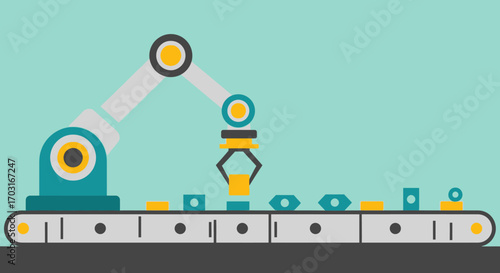 Robotic arm placing components on a conveyor belt in automated manufacturing process.