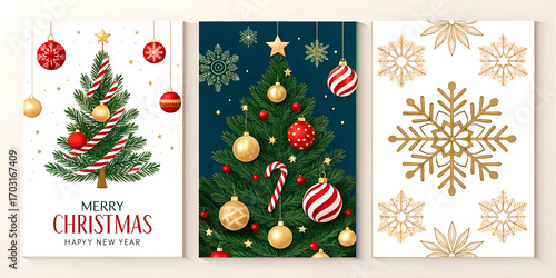 Modern Merry Christmas and Happy New Year greeting card set with typography and minimal art