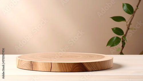 Wooden Log Slice Display on Light Wood Table with Plant Branch