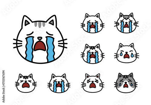 Several cartoon cat faces with different crying expressions. Ideal for illustrating sadness, grief, emotions, or petrelated themes in designs.