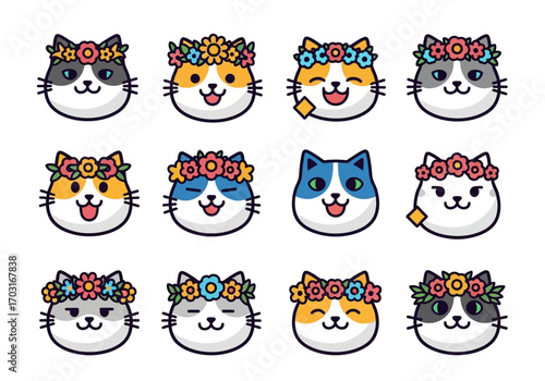 Cats with flower crowns perfect for cat lovers. Ideal for petrelated designs, invitations, and greeting cards.