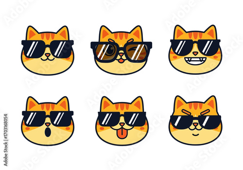 Six cartoon cat faces in sunglasses show various expressions perfect for adding fun and whimsy to catthemed designs or products.