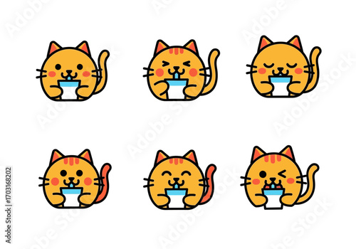 Six orange cartoon cats enjoying beverages. Perfect for catrelated designs, pet products, childrens illustrations, and cute animations. Great for cat lovers.