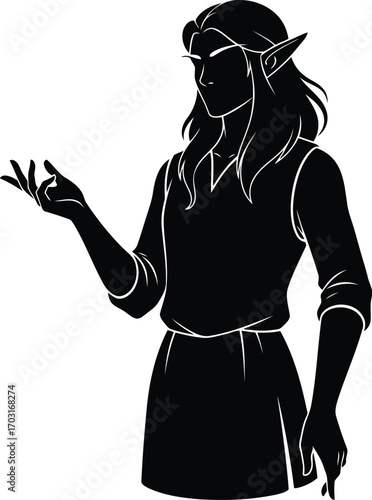 Mysterious elf silhouette with pointed ears reaching hand out fantasy character outline vector