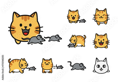 Orange cats playfully interacting with gray mice in vibrant images. Suitable for pet products, childrens books, and animalthemed marketing materials.