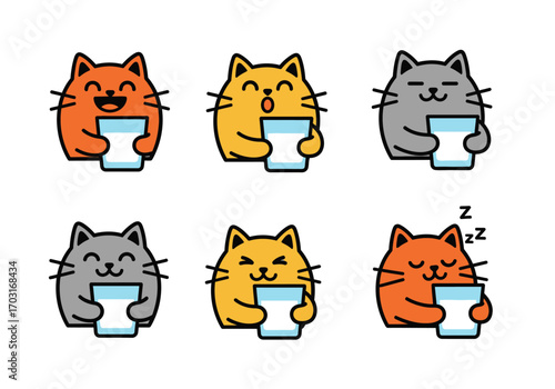 Six colorful stylized cats with objects in paws, ideal for petrelated designs, childrens books, and animalthemed graphics. Great for vibrant projects.