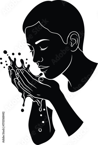 Young person washing face with water droplets close up silhouette style illustration vector