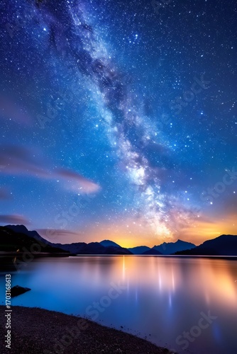 Stunning milky way illuminating night landscape reflecting on calm lake at twilight