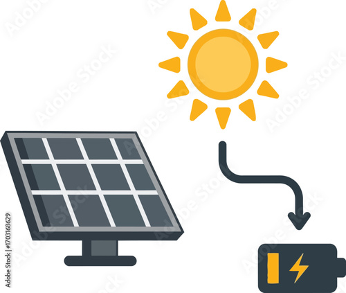 Vector art of solar panel charges battery from sun, clean energy source on a transparent background