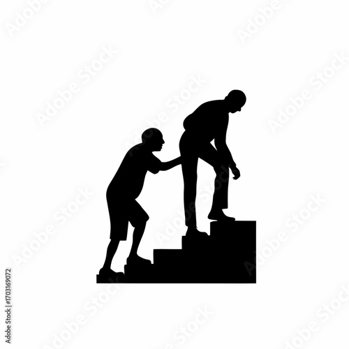 Silhouette of grandson assisting grandfather climbing stairs