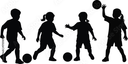 Diverse group of children playing soccer and basketball outdoors in silhouette style vector