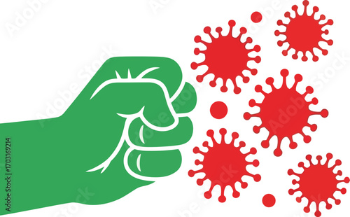 Vector art of green fist punching coronavirus, fight against virus on a transparent background
