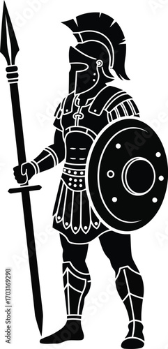 Ancient spartan warrior silhouette holding spear and shield battle ready military icon vector