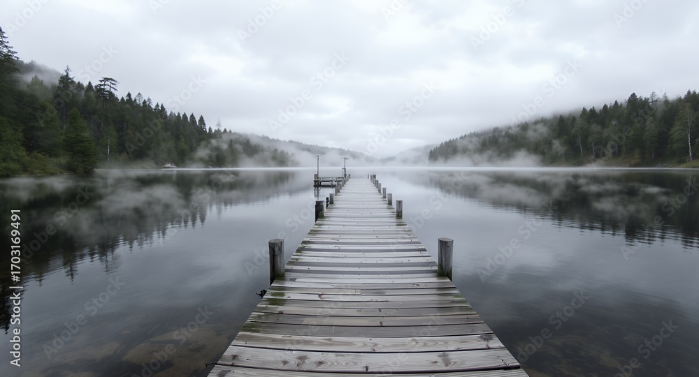 Fototapeta premium Serene Wooden Dock Extending into Misty Lake Surrounded by Evergreen Forest
