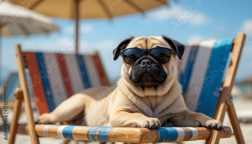 Funny pug wearing sunglasses relaxes on beach chair under umbrella enjoying sunny day with blue sky and ocean in background, creating a humorous and relaxing scene.