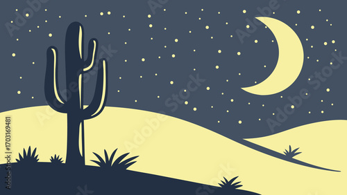 Silhouette of a Saguaro Cactus in a Desert Landscape at Night.