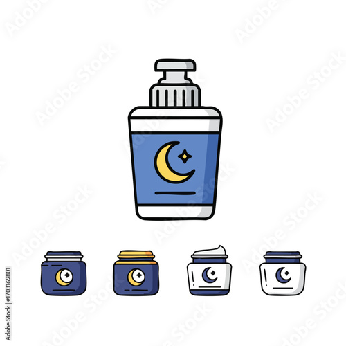 An appealing set of flat design night skincare product illustrations, showcasing various bottles and jars adorned with moon and star symbols for evening beauty.
