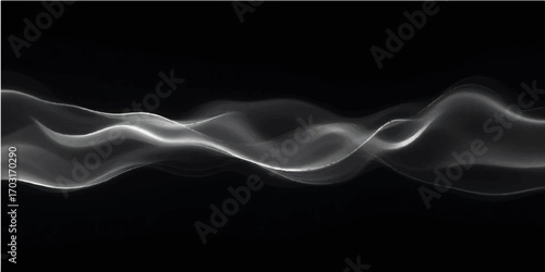Abstract smoke swirling on black background with flowing curves and light effects
