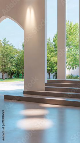 Sunlight streams through architectural elements highlighting steps in a serene indoor outdoor space with greenery