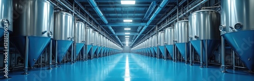 Modern industrial plant interior features rows of stainless steel tanks  pipes with shiny blue floor. Scene represents advanced manufacturing  processing  technology  sterile production environments.