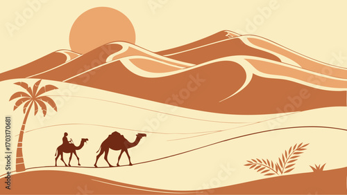 A person riding a camel leading another through the desert.