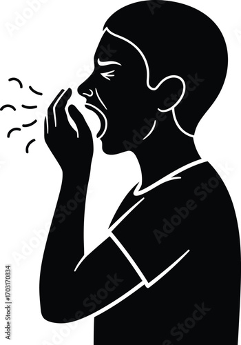 Sick person sneezing or coughing with hand covering mouth and nose illness symptoms disease vector