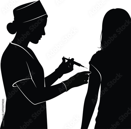 Silhouette nurse gives patient injection in arm medical healthcare concept illustration vector