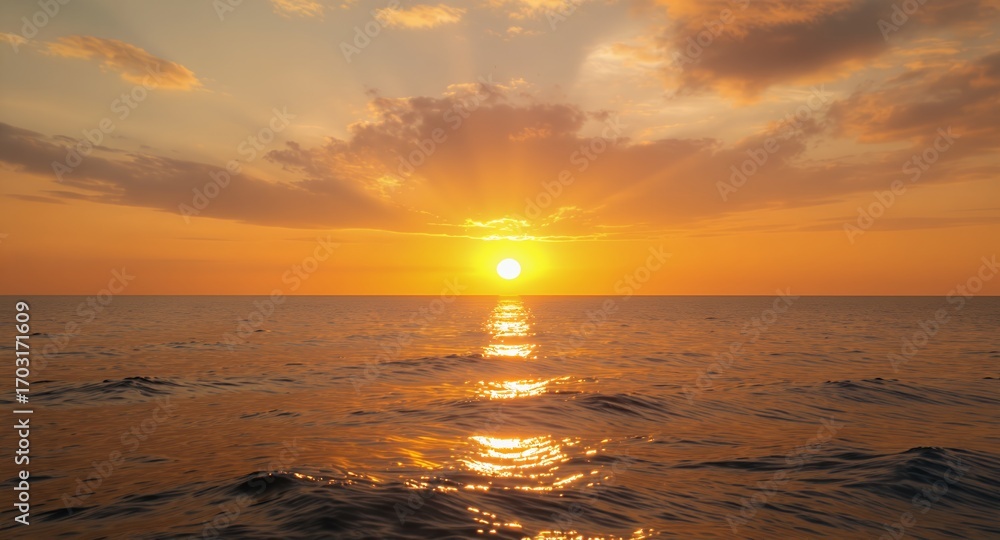Obraz premium Stunning Ocean Sunset with Golden Sky and Sun Reflections