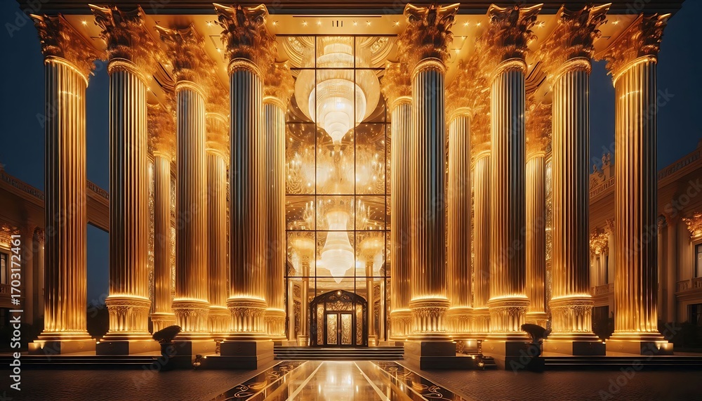 Fototapeta premium Golden Mansion Front View with Columns