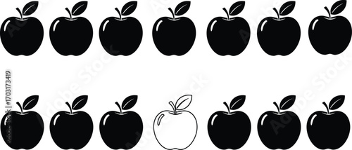 Apple silhouette, black fruit icon, visual odd one out, minimal design, pattern recognition, unique shape, graphic contrast, simple illustration