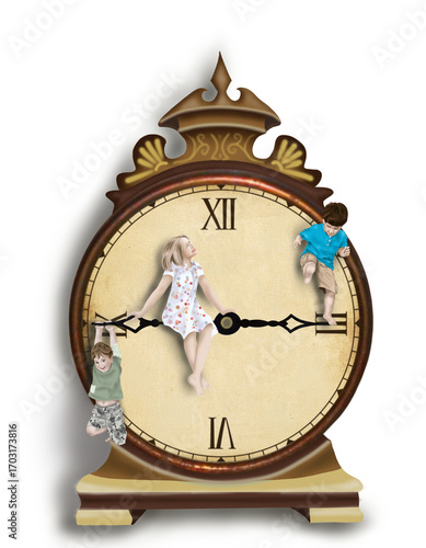 Imaginative antique clock and children