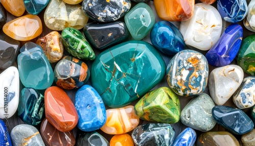 Colorful tumbled stones, various shapes and colors, close-up