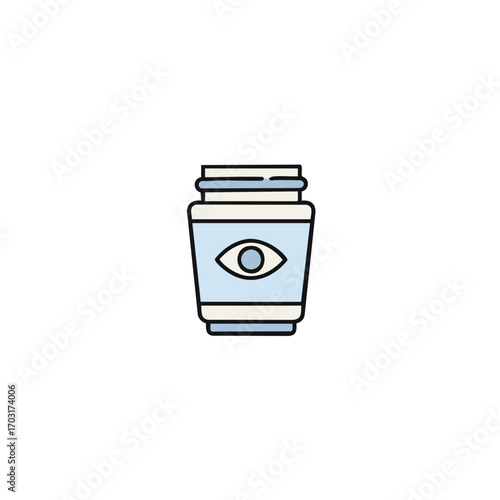 A minimalist illustration depicting a light blue and beige bottle with an eye symbol, representing vision care, medication, or digital privacy concepts.