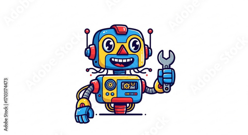 Cartoon robot holding a wrench the robot is smiling and has a friendly expression, perfect for childrens books