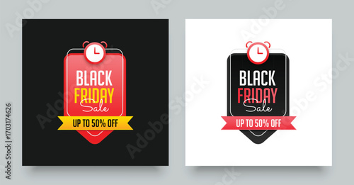 Black Friday sale banner with 50% off discount tag. Black Friday sale tag banner collection isolated. Vector price tags isolated.