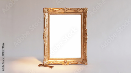 Elegant gold picture frame with antique key for sophisticated branding mockup or artistic presentation