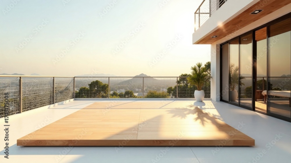 Fototapeta premium Serene Sunrise View from a Modern Rooftop Terrace with Minimalist Wooden Deck