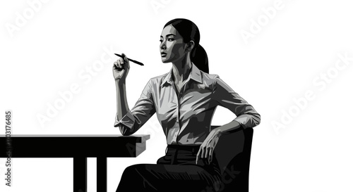 Contemplative businesswoman in monochrome pondering with pen at desk