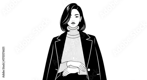 Elegant fashion illustration of a stylish woman in monochrome tones