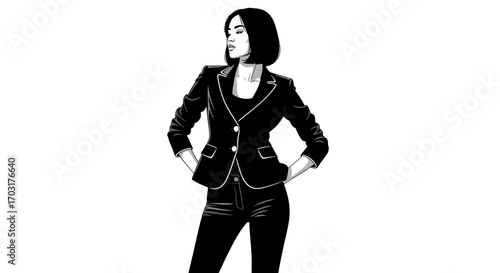 Elegant monochrome fashion portrait of a confident young woman in suit