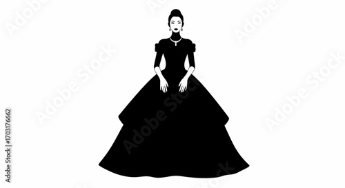 Elegant monochrome portrait of a woman with a grand ballgown silhouette