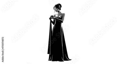Elegant Woman in Gown Black and White Formal Attire Silhouette Graphic